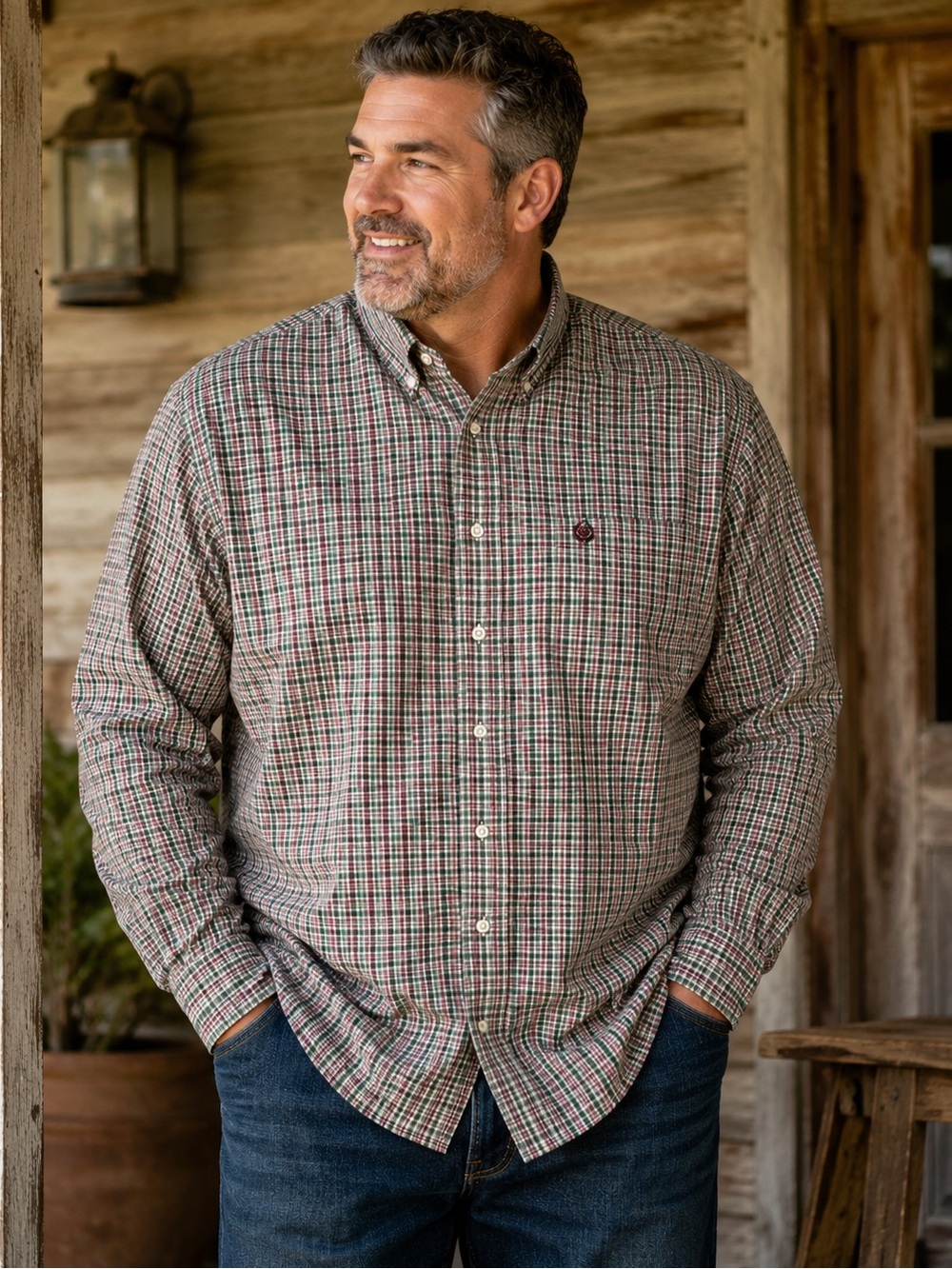 Cinch Mens XXXL Plaid Button Down Shirt Western Green Burgundy 100% Cotton